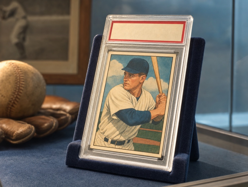 Graded vintage baseball card on display