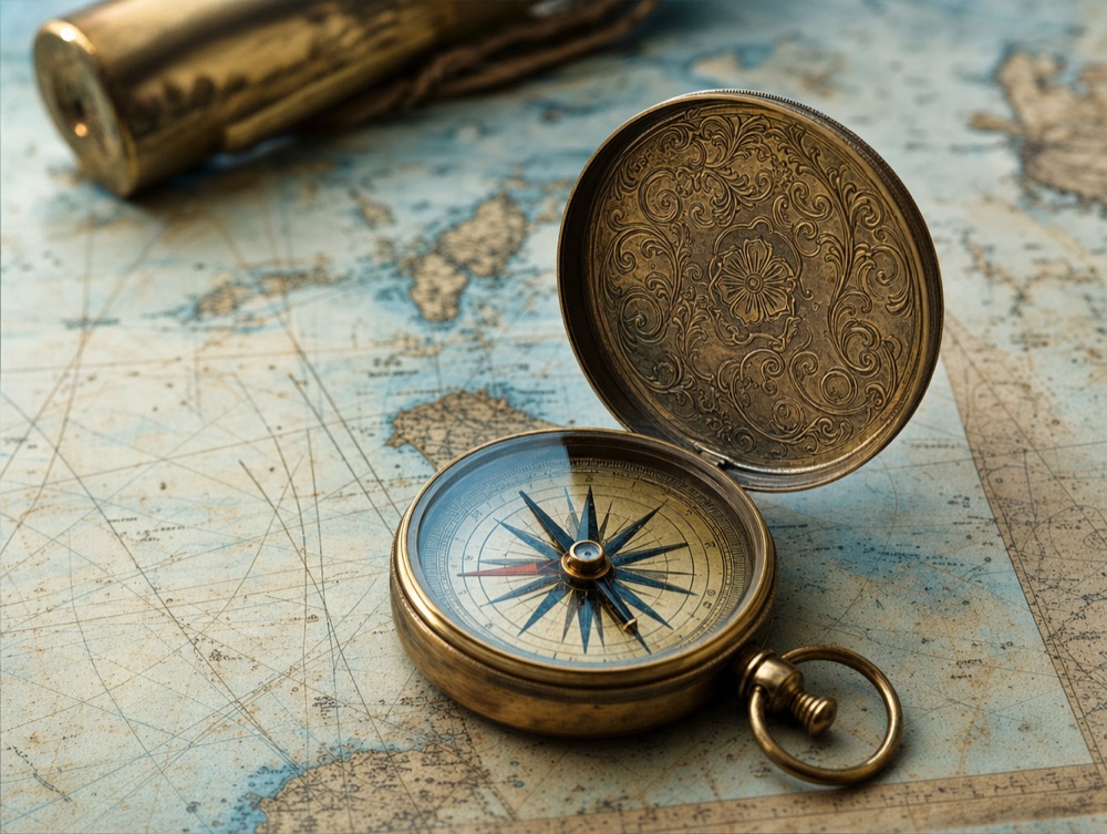 Antique brass compass on an old map