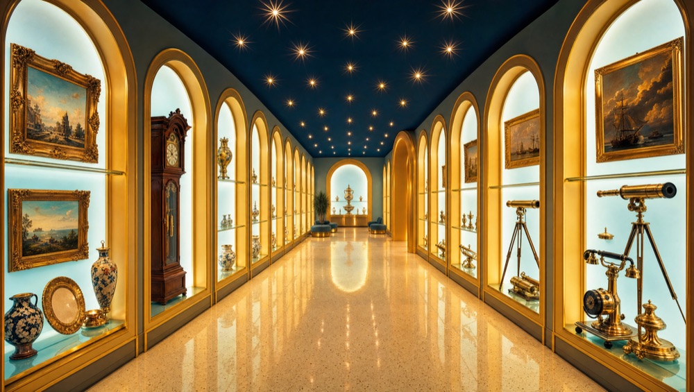 Gallery hall of estate treasures in lit alcoves