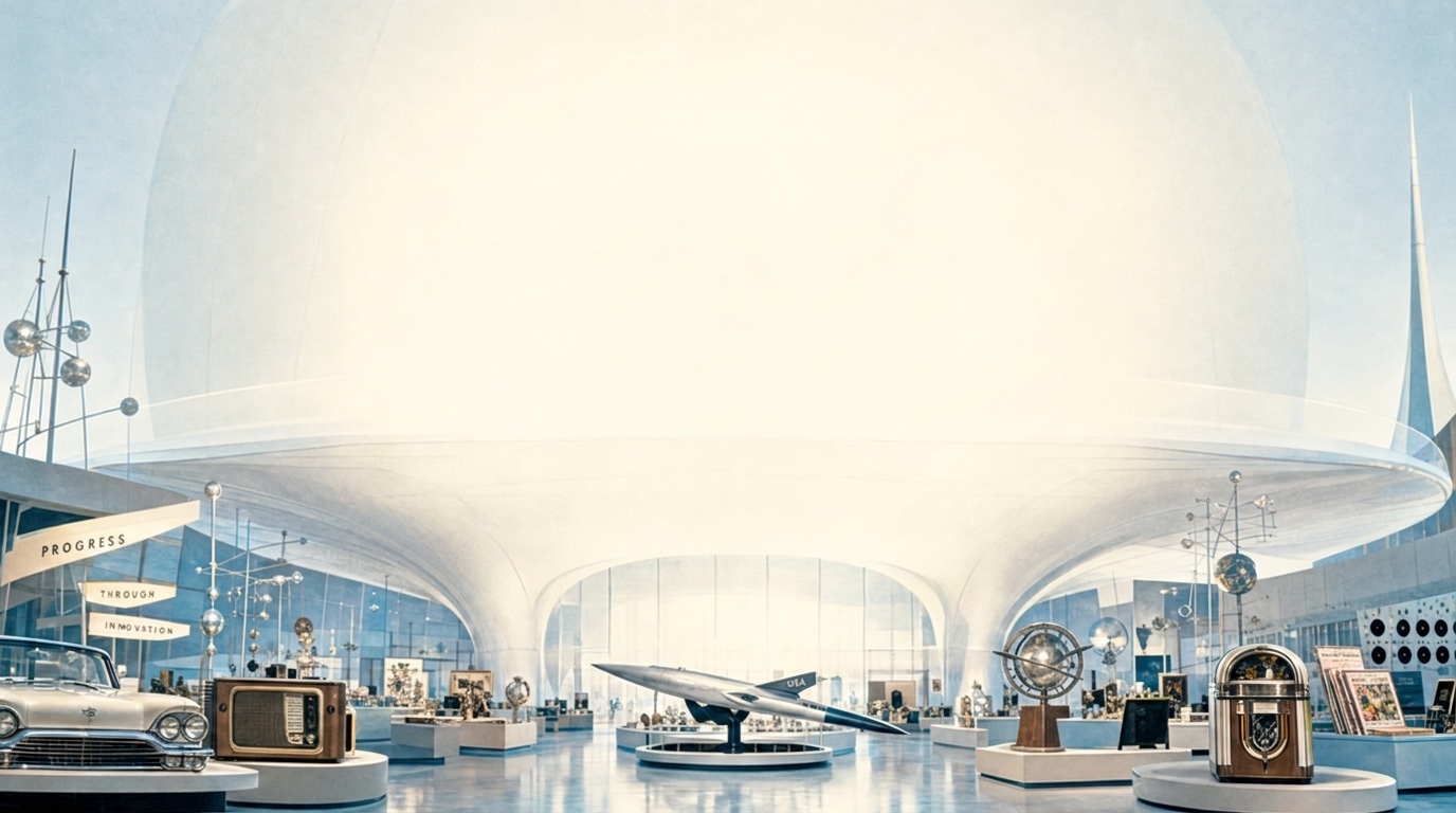 Bright world's fair pavilion hall with vintage treasures on pedestals