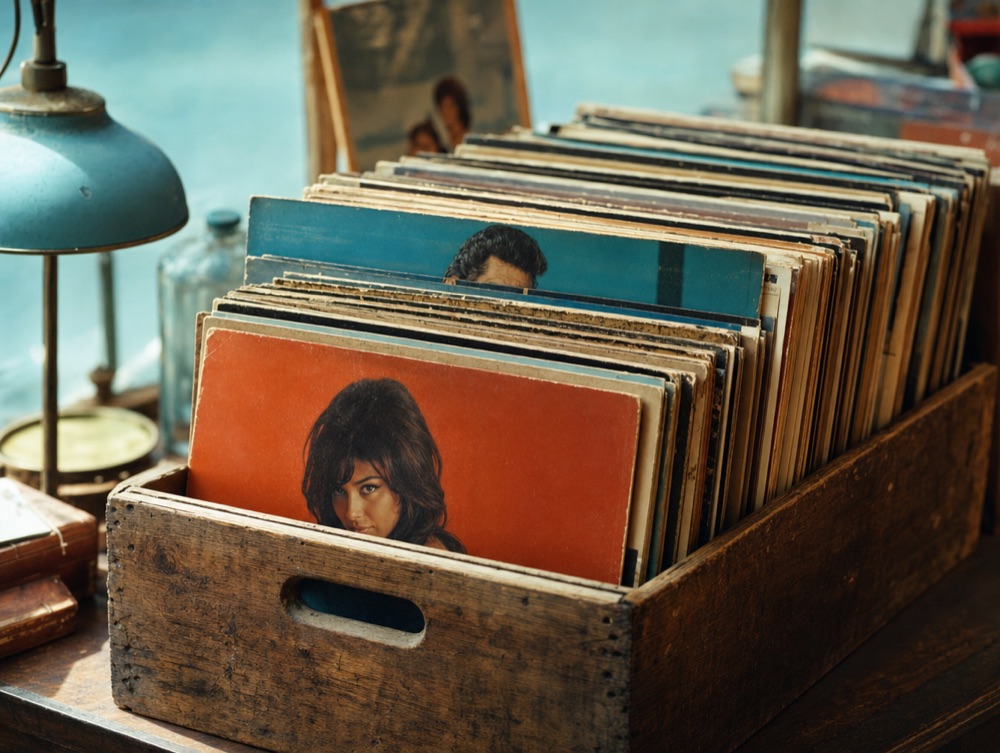 Crate of vintage vinyl records